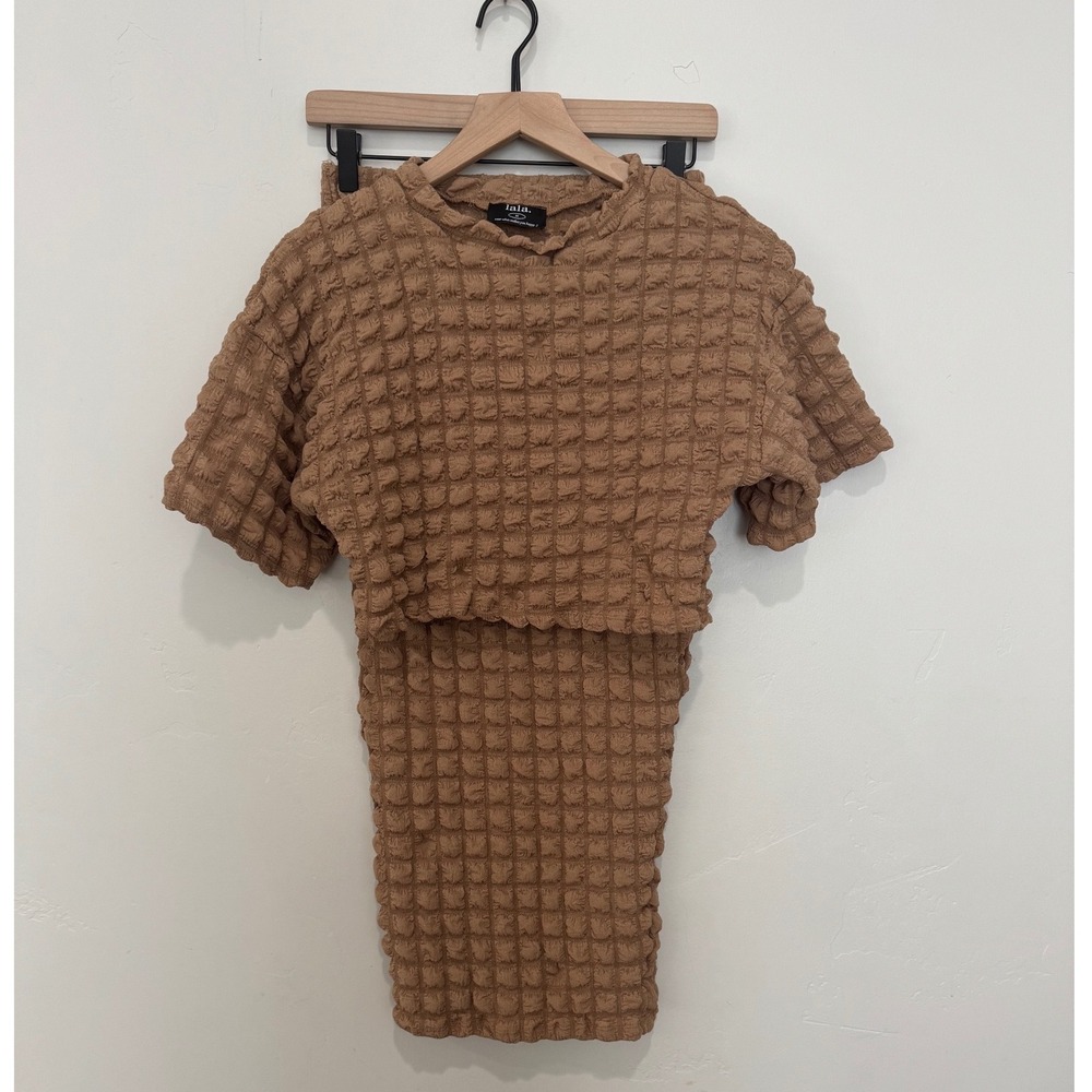 Dressed in Lala Puff Popcorn Set Camel Tan Textured Crop Top Midi Skirt Medium